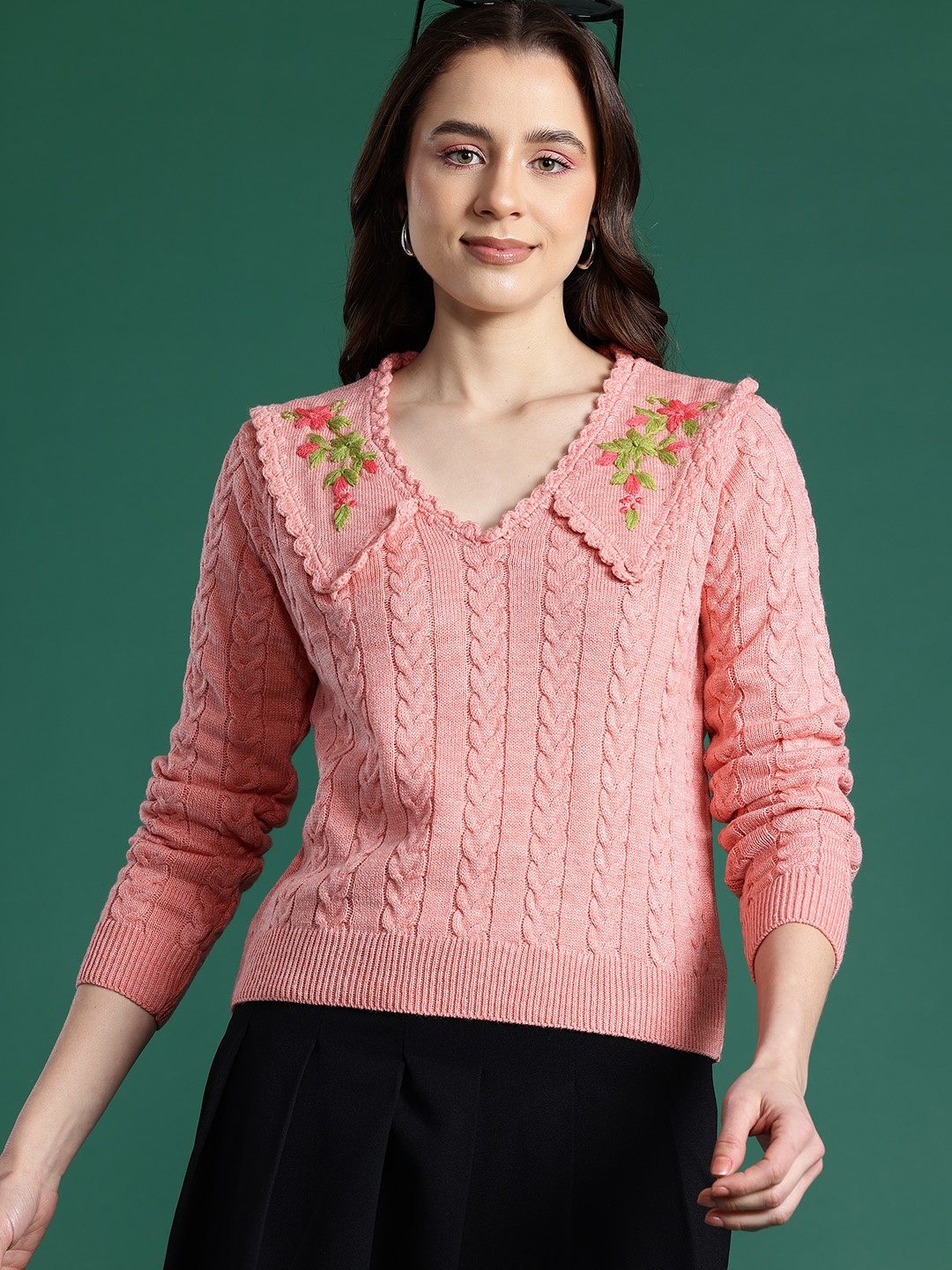 

DressBerry Acrylic Cable Knit Pullover with Embroidered Detail, Peach
