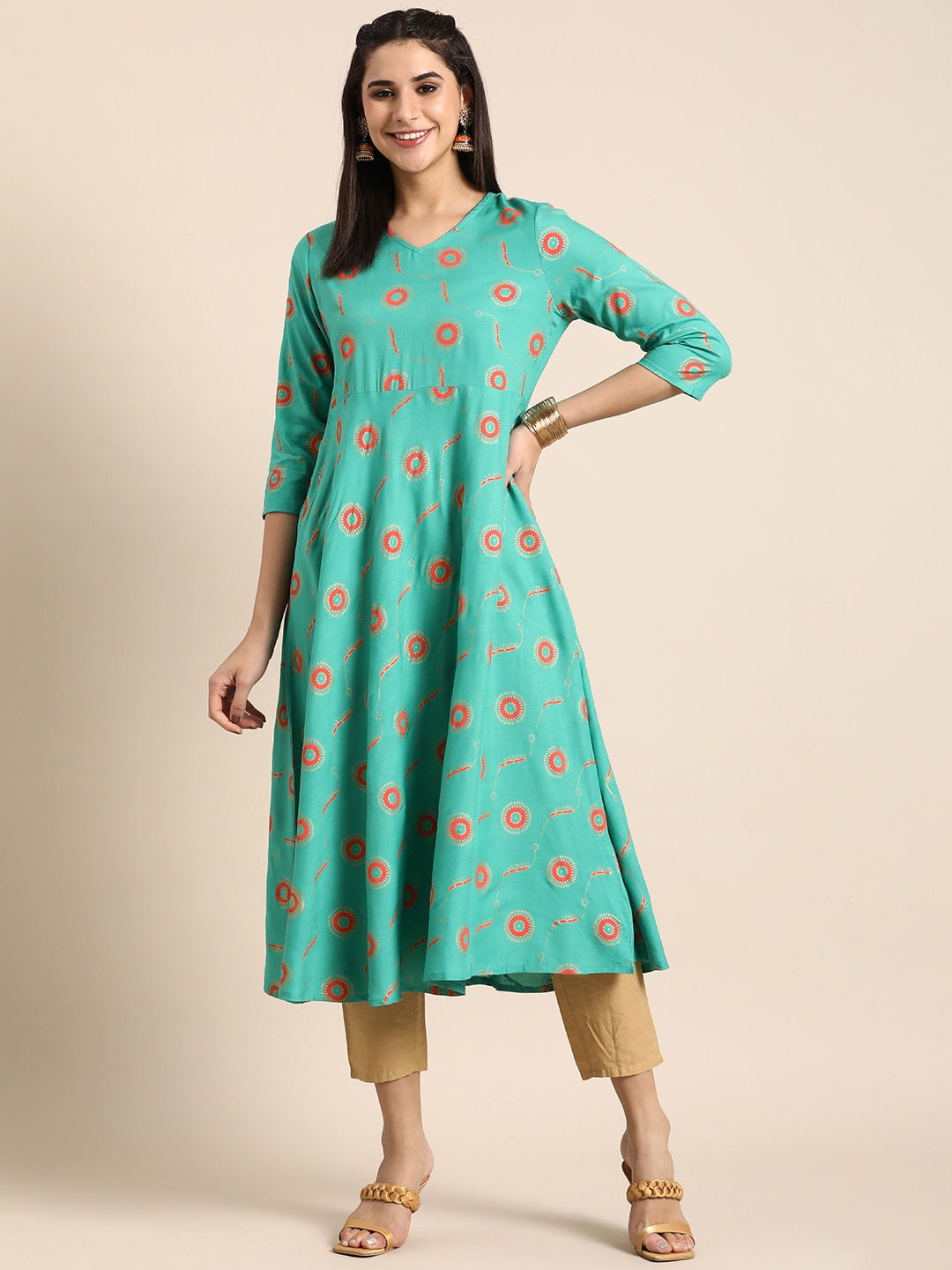 

Anouk Ethnic Motifs Print V-Neck Pastels Flared A-Line Kurta, Teal