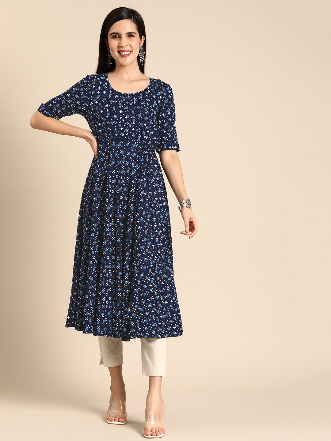 

Anouk Geometric Printed A-Line Kurta, Navy blue