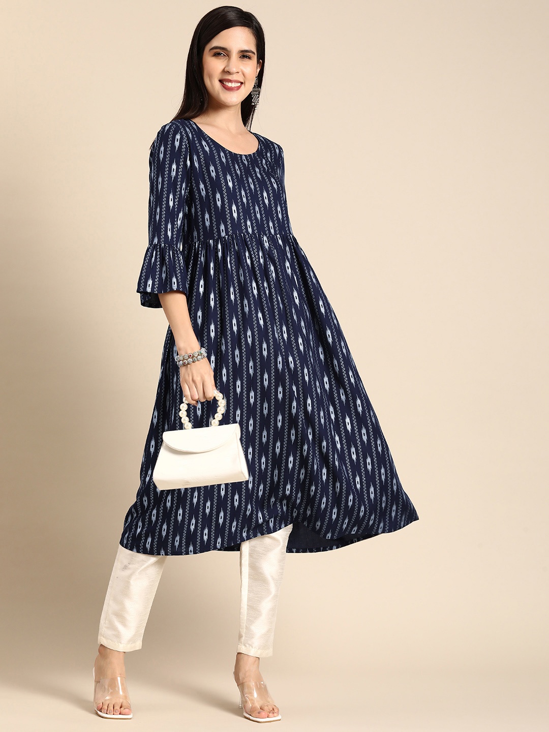

Anouk Ethnic Motifs Printed Bell Sleeves A-Line Kurta, Navy blue