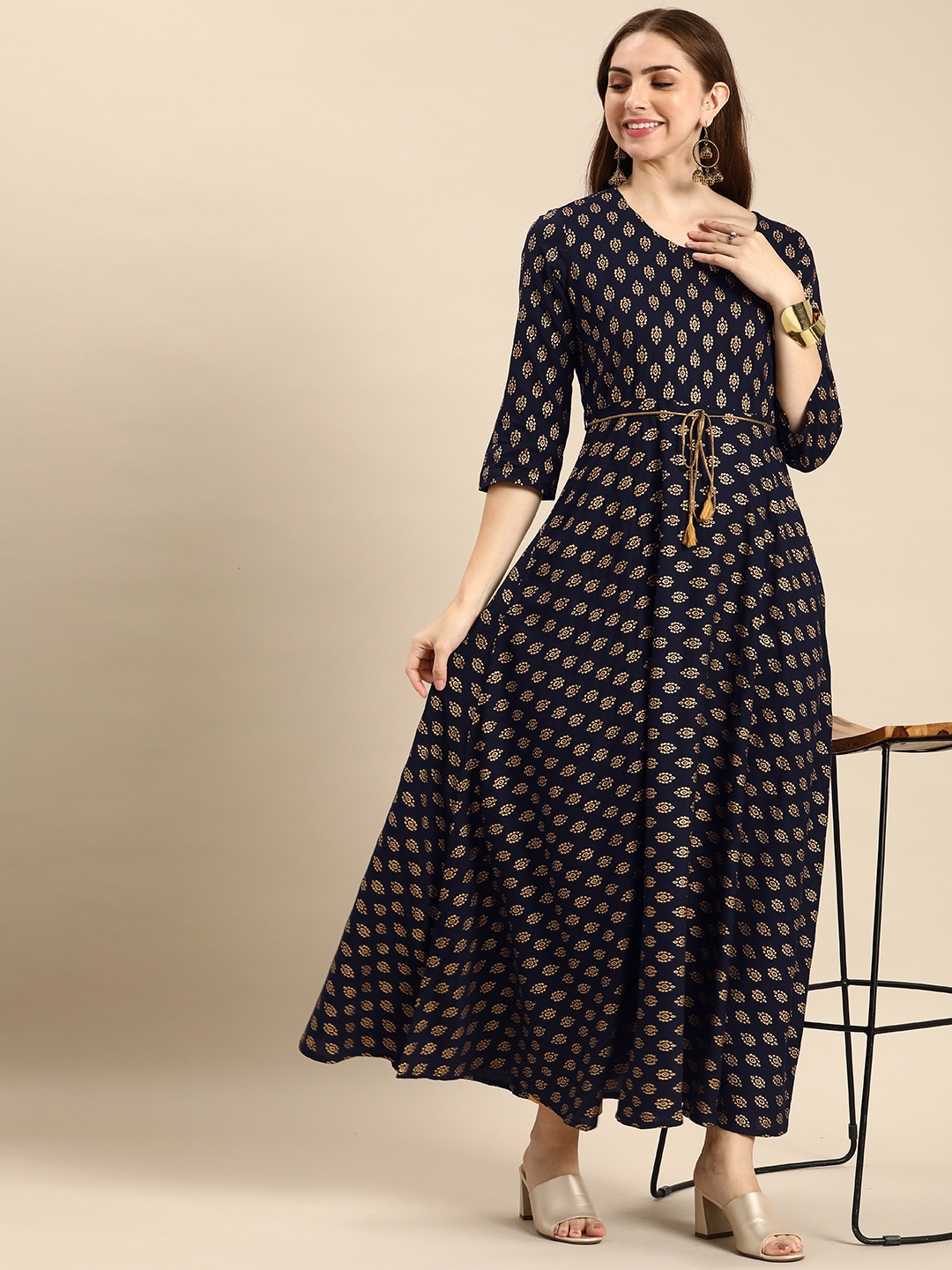 

Anouk Ethnic Motifs Printed Kurta, Navy blue