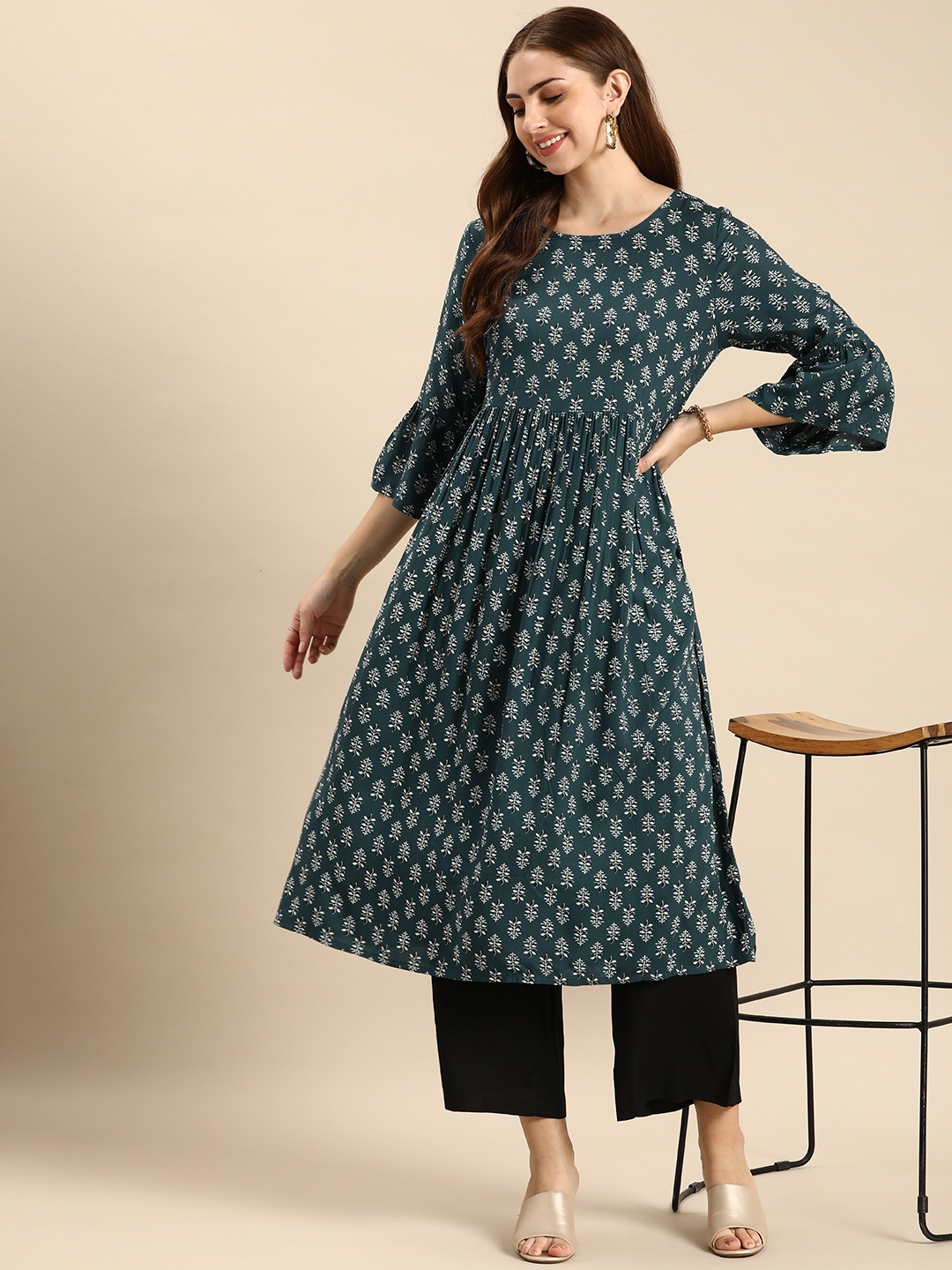 

Anouk Ethnic Motifs Printed Bell Sleeves A-Line Kurta, Teal