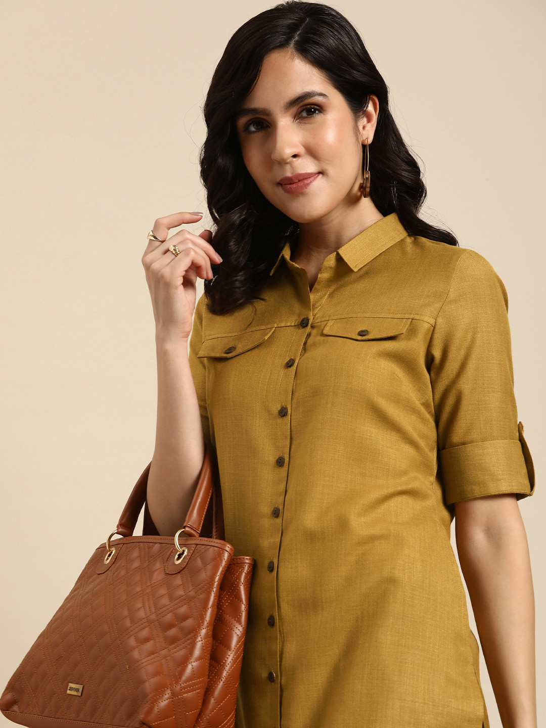 

Anouk Women Solid Shirt Collar Pathani Kurta, Khaki