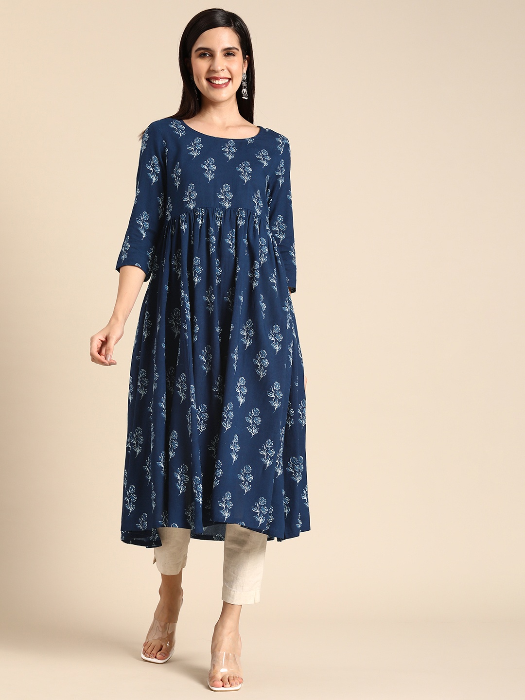 

Anouk Floral Printed A-Line Kurta, Navy blue