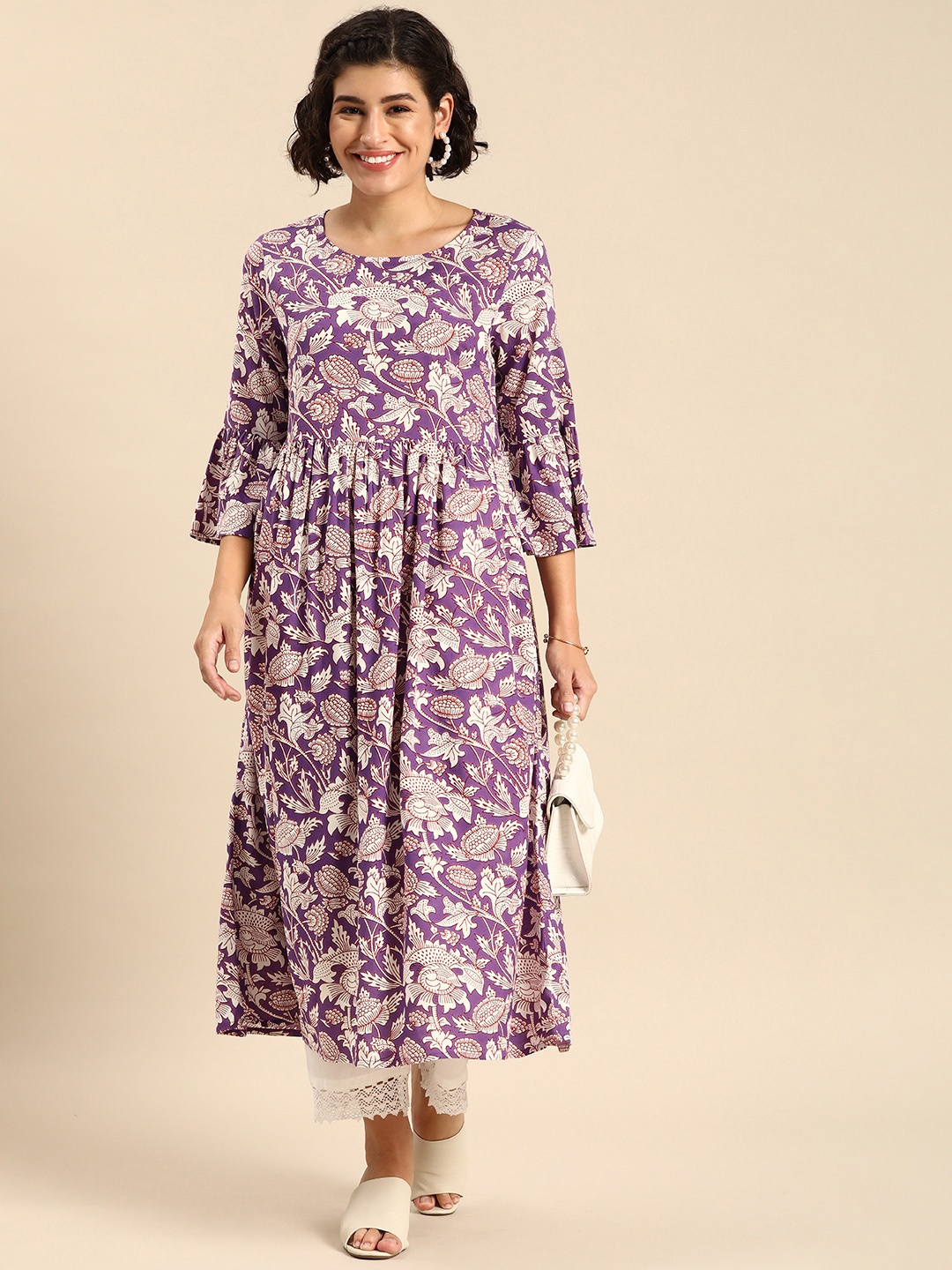 

Anouk Ethnic Motifs Printed Bell Sleeves A-Line Kurta, Purple