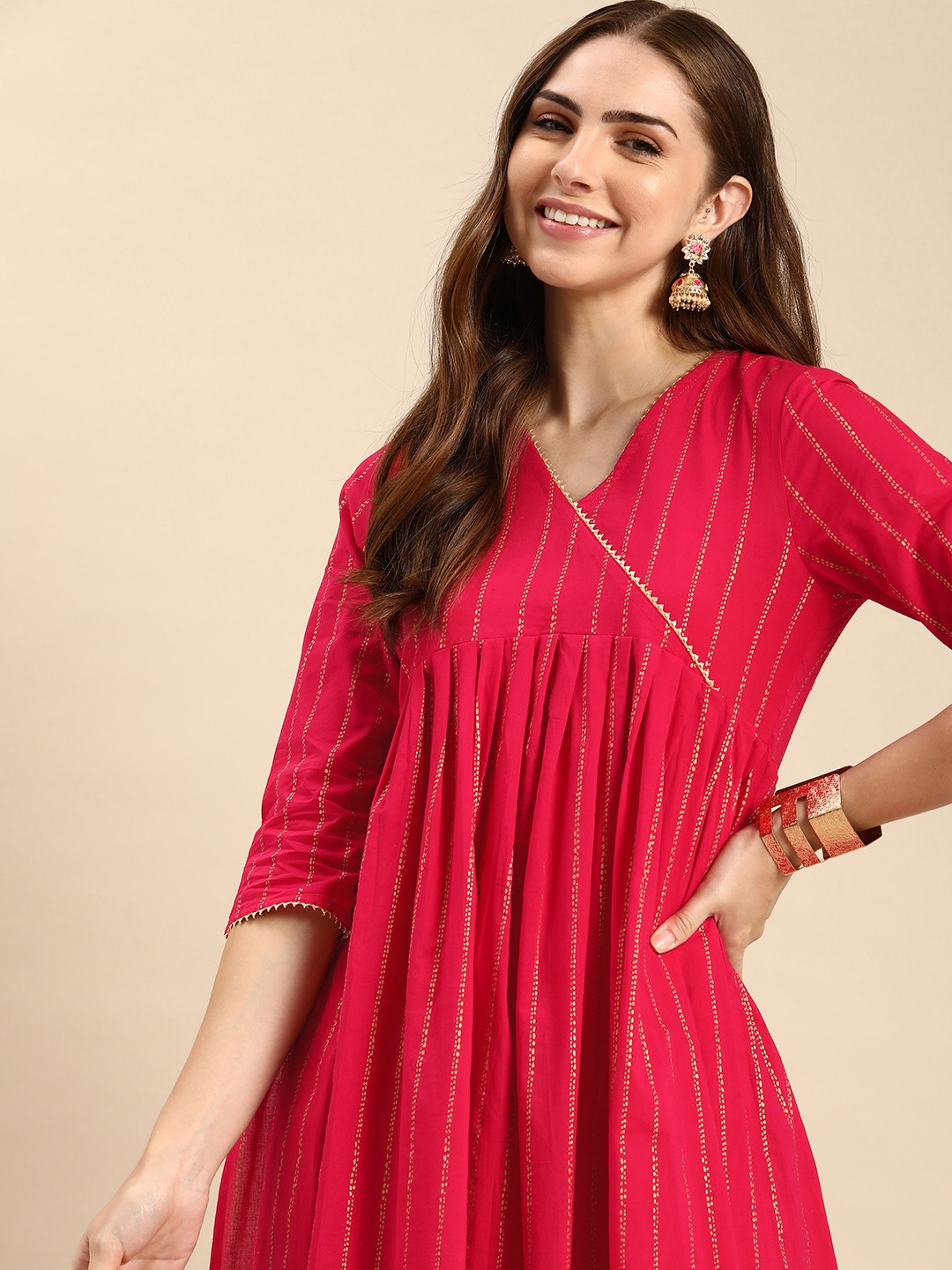 

Anouk Striped Angrakha Style A-Line Kurta, Red