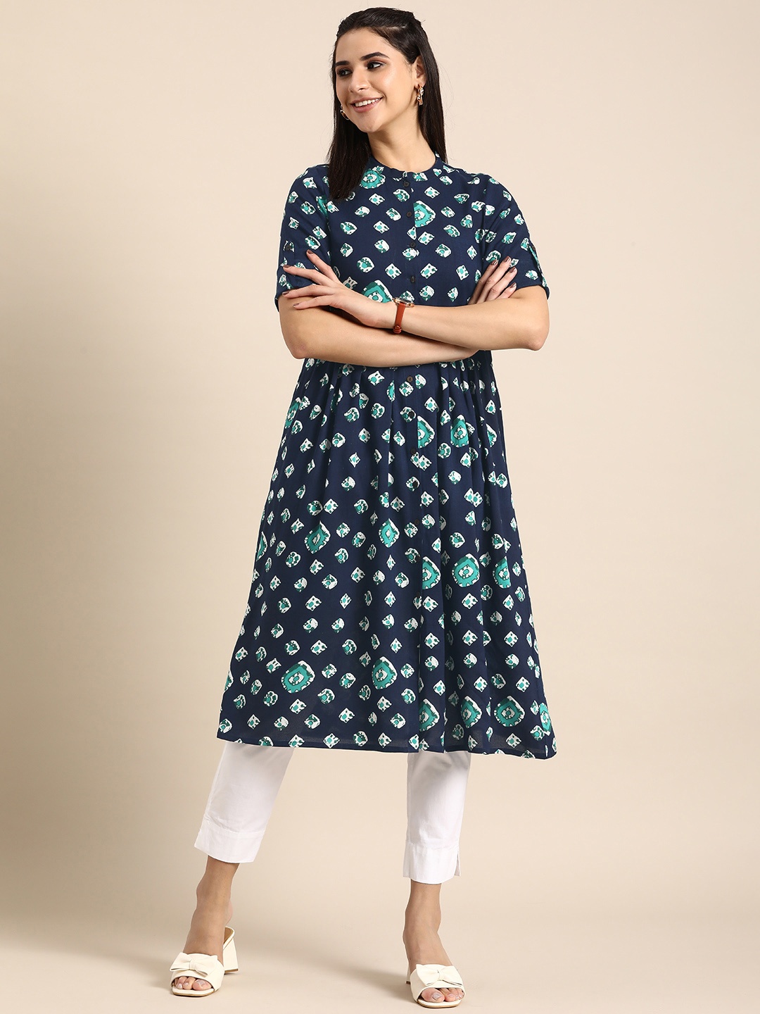

Anouk Women Geometric Printed Indigo Kurta, Navy blue