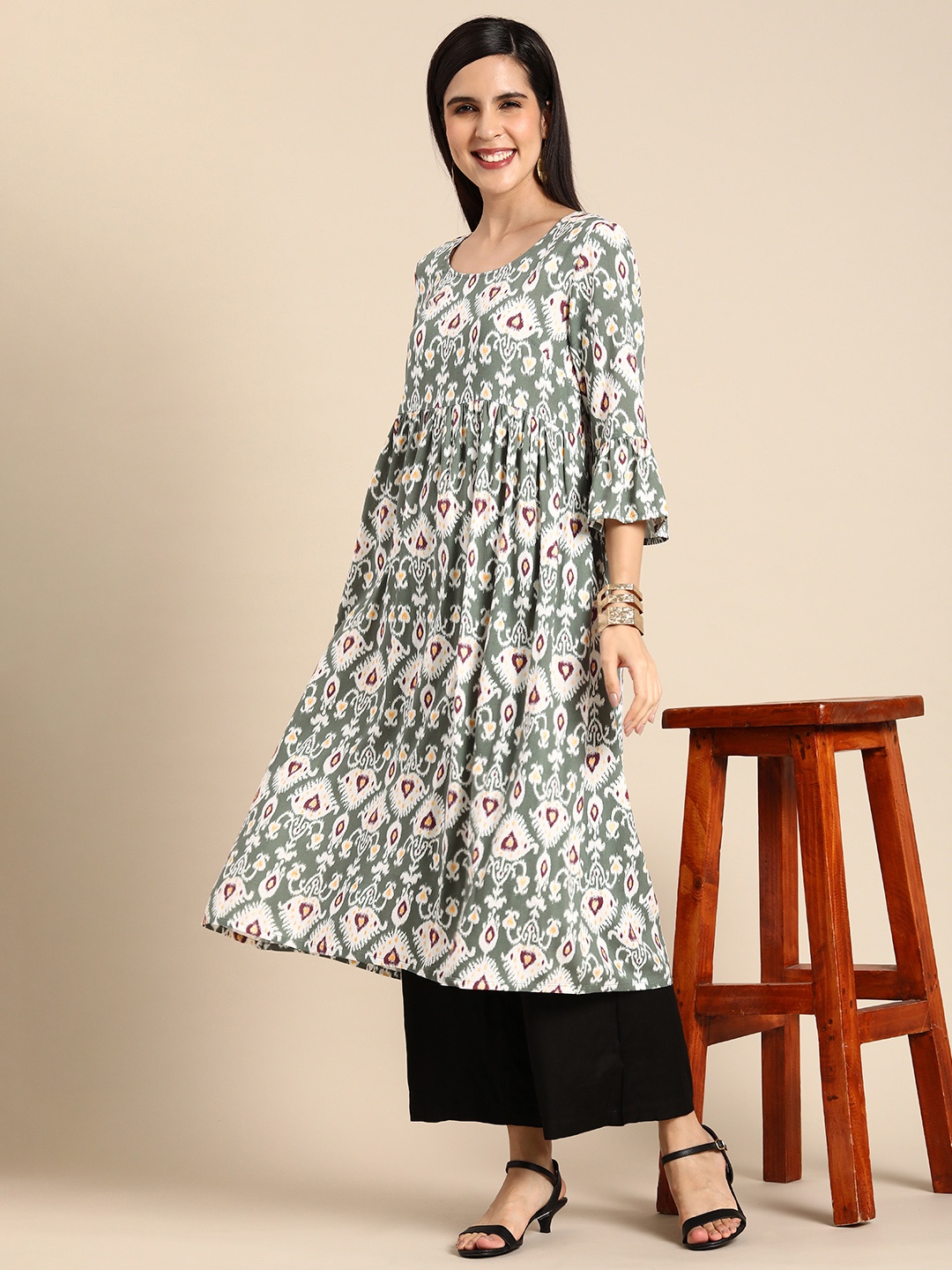 

Anouk Ethnic Motifs Printed Bell Sleeves A-Line Kurta, Grey