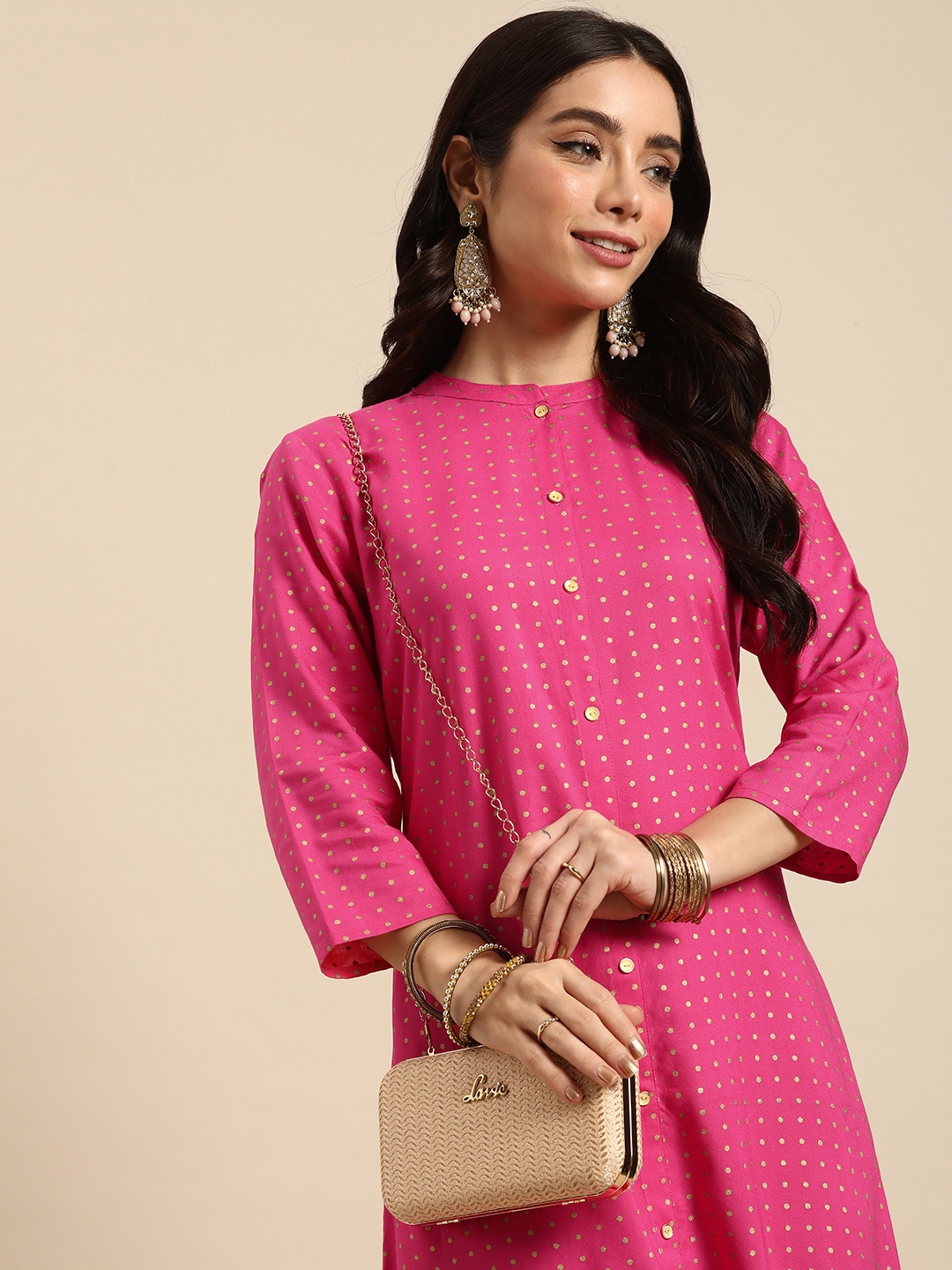 

Anouk Woven Design Band-Collar A-Line Kurta, Pink