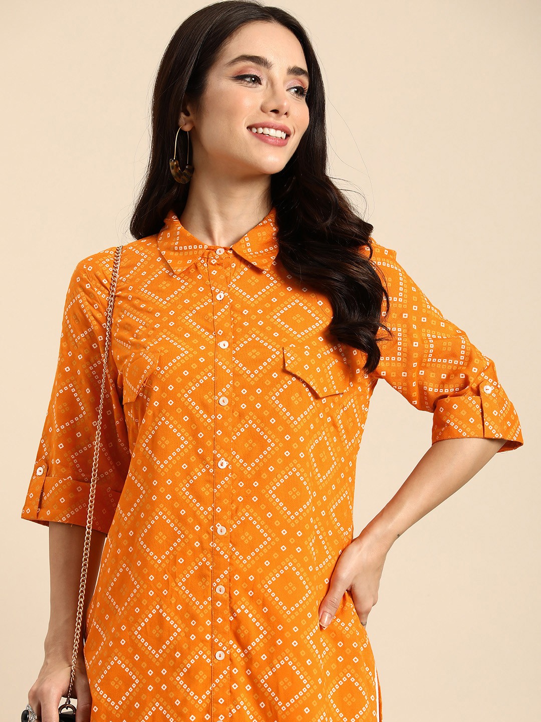 

Anouk Bandhani Printed Shirt-Collar Straight Kurta, Mustard