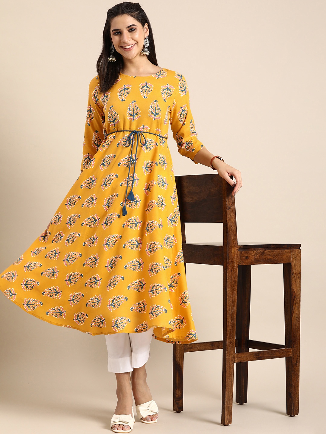 

Anouk Ethnic Motifs Print Waist Tie-Ups Flared A-Line Kurta, Mustard