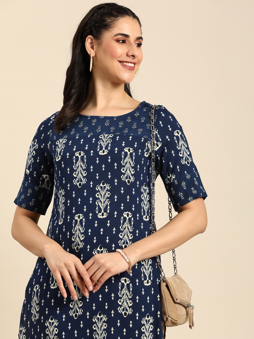 

Anouk Ethnic Motifs Printed Kurta, Navy blue