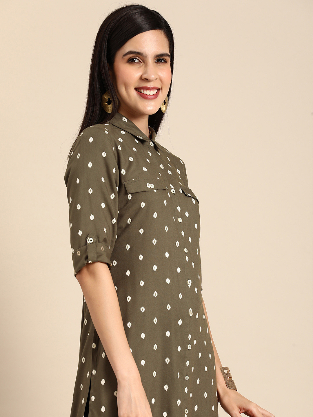 

Anouk Shirt Collar Geometric Printed Kurta, Grey