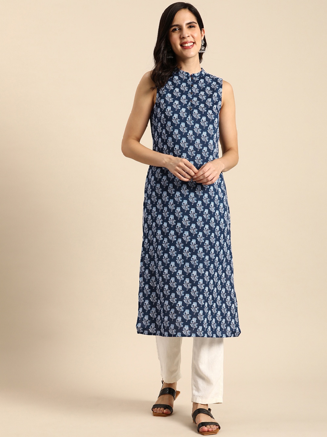 

Anouk Floral Printed Straight Kurta, Navy blue