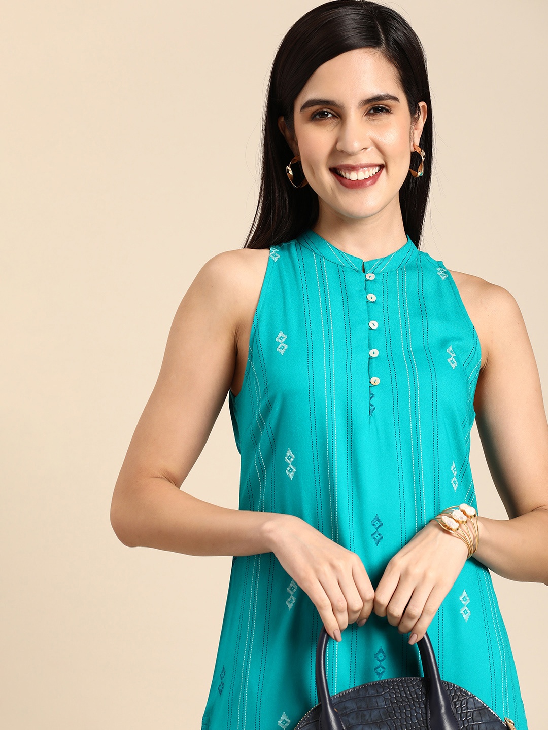 

Anouk Mandarin Collar Printed & Striped Kurta, Turquoise blue