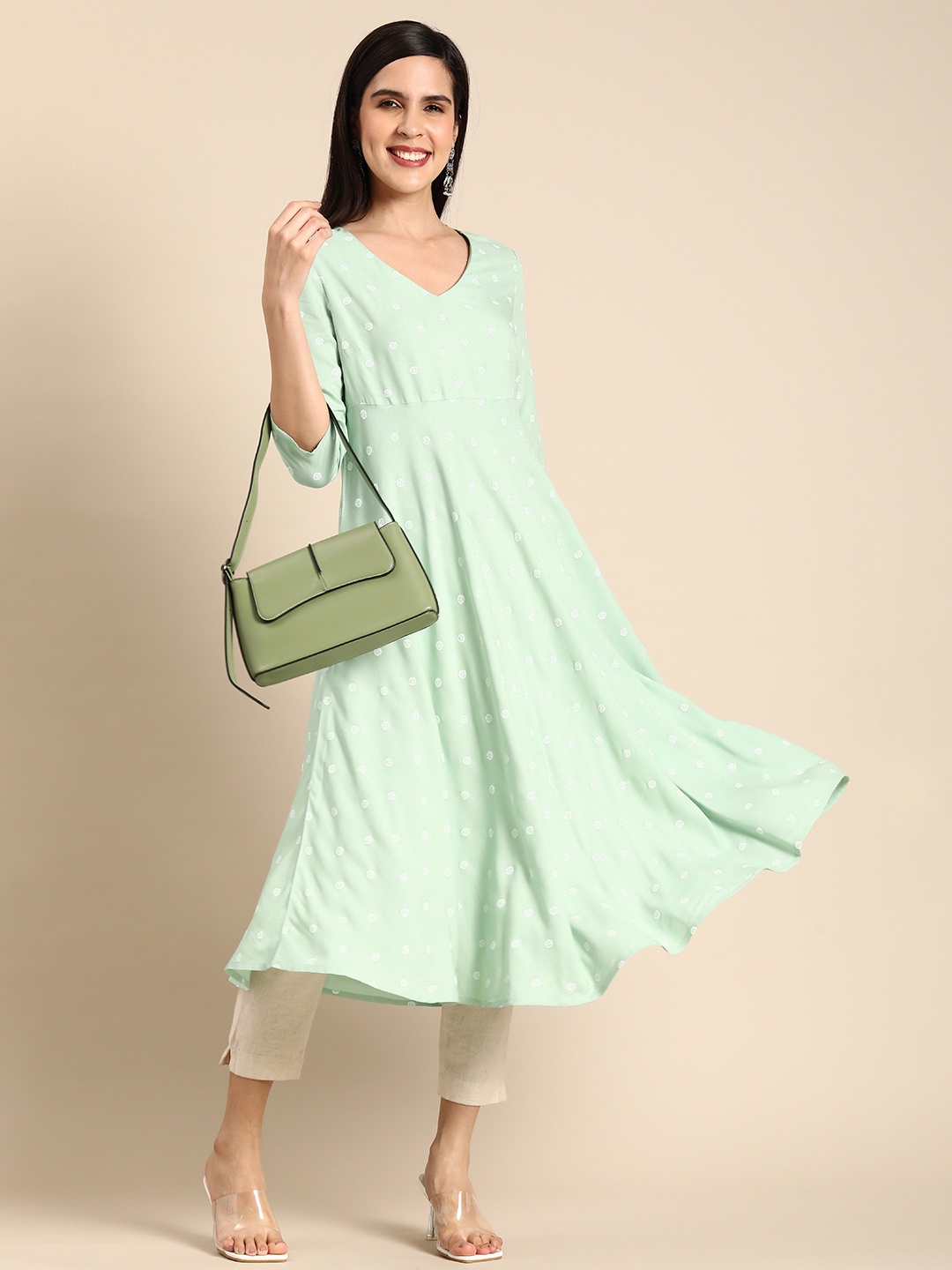 

Anouk Geometric Printed A-Line Kurta, Green