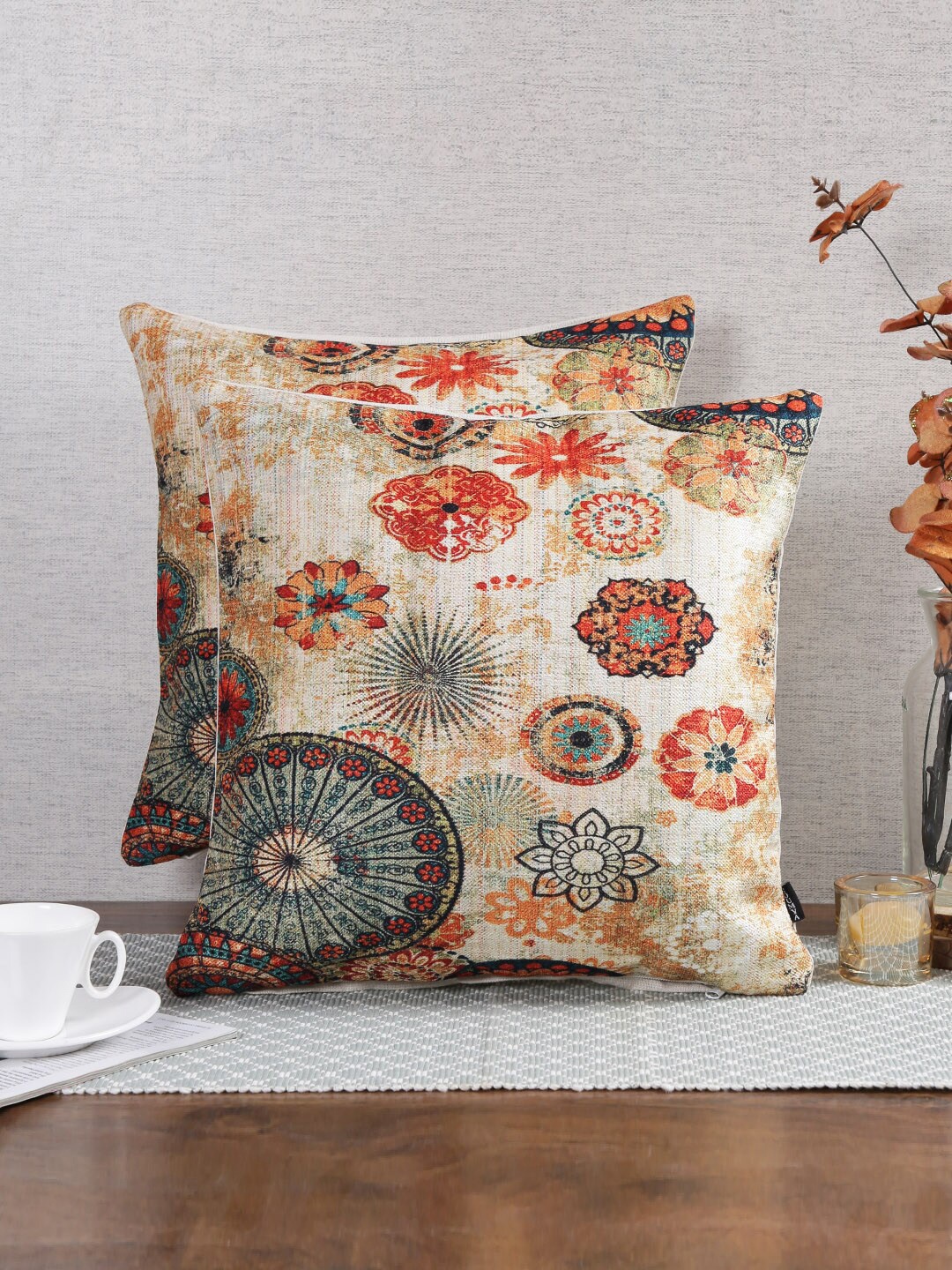 

Soumya Orange & Blue 2-Pieces Floral Square Cushion Covers