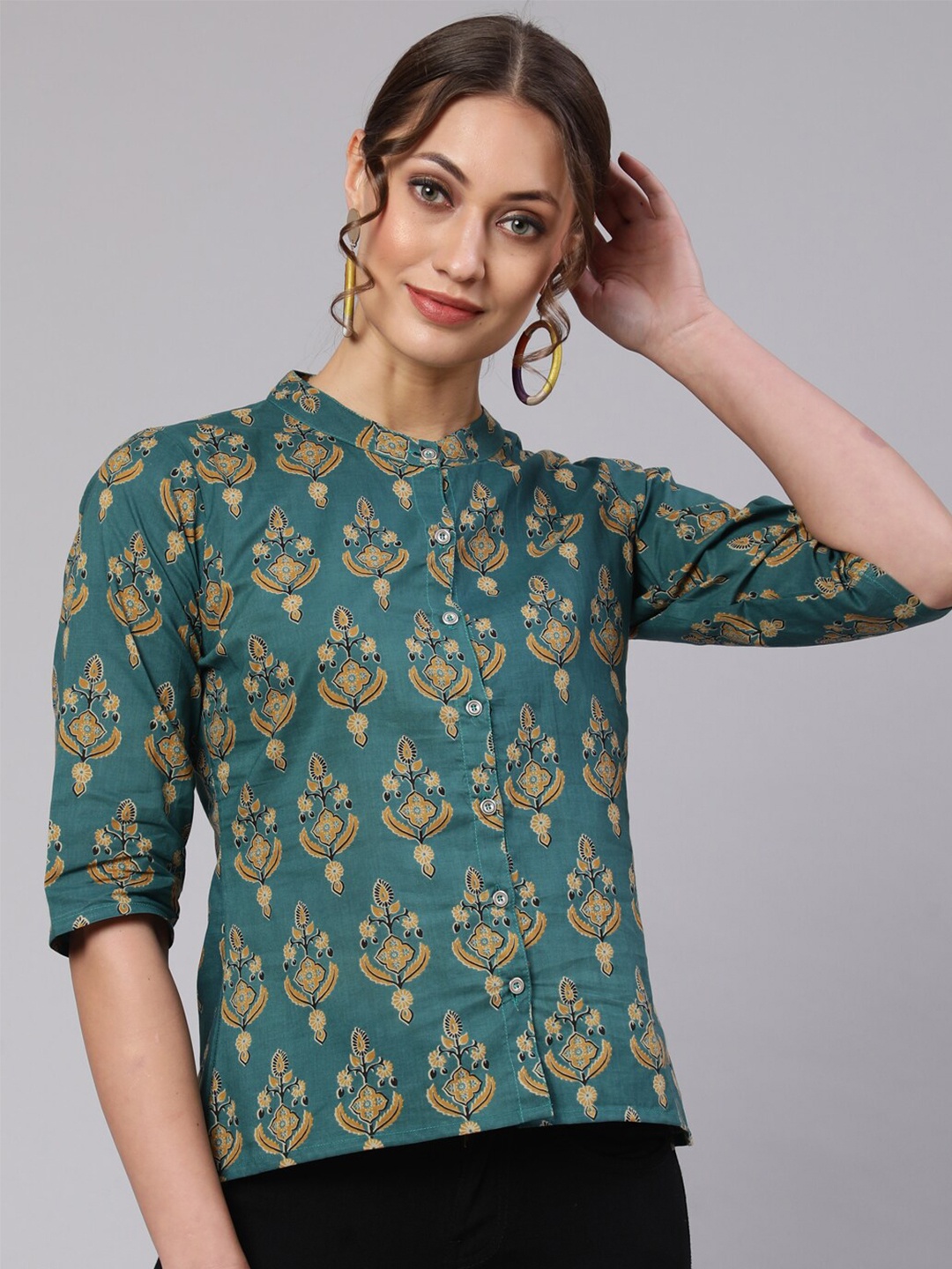 

THE NKS PLUS Ethnic Printed Mandarin Collar Cotton Top, Green