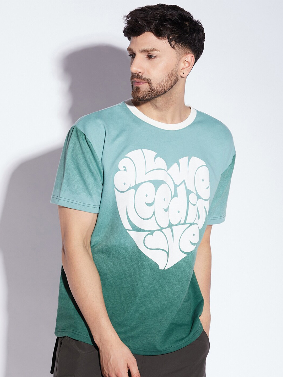 

FUGAZEE Green Ombre Love Typography Printed Relaxed Fit Pure Cotton T-shirt