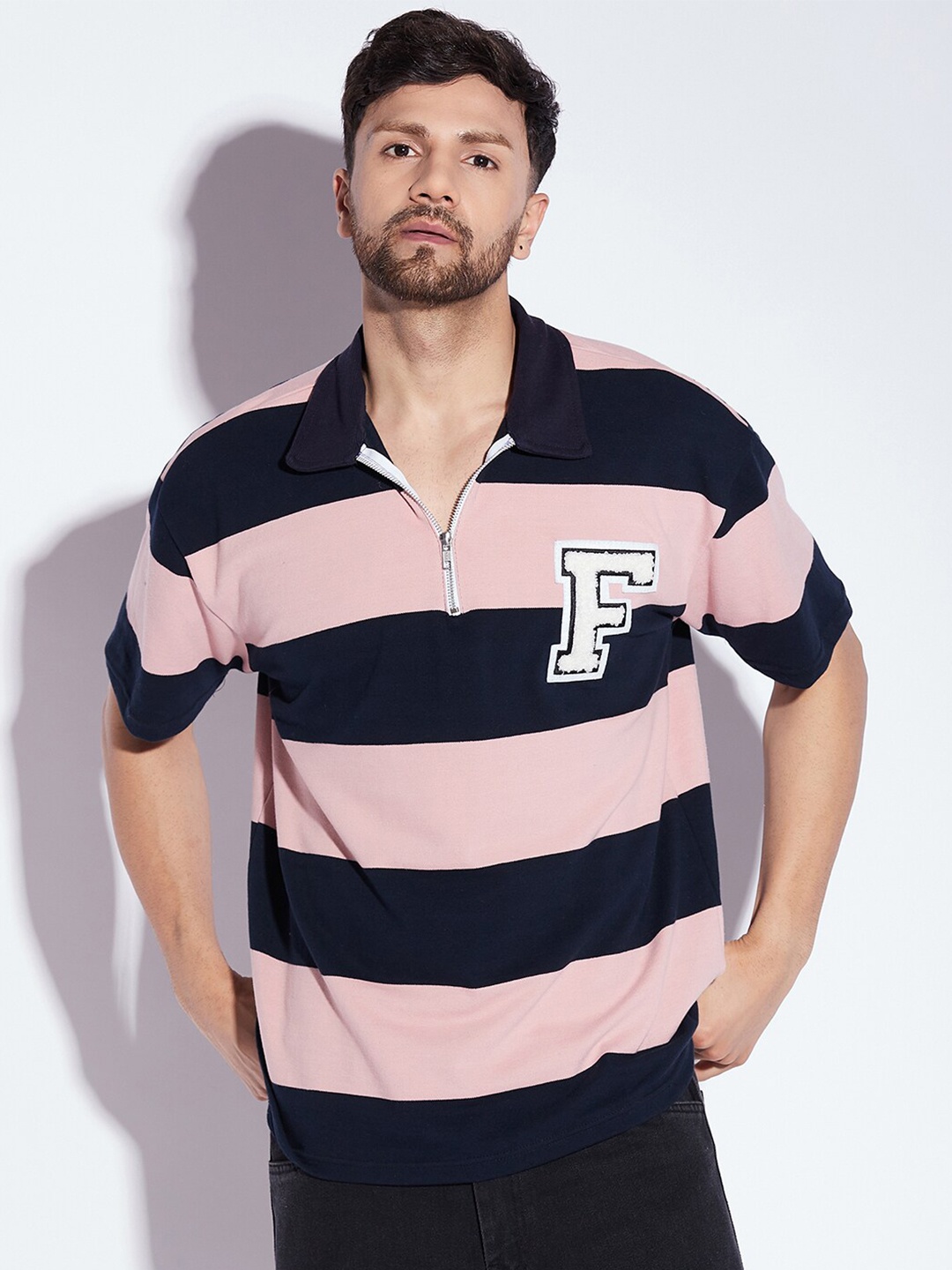 

FUGAZEE Navy Blue & Pink Striped Polo Collar Pure Cotton T-shirt