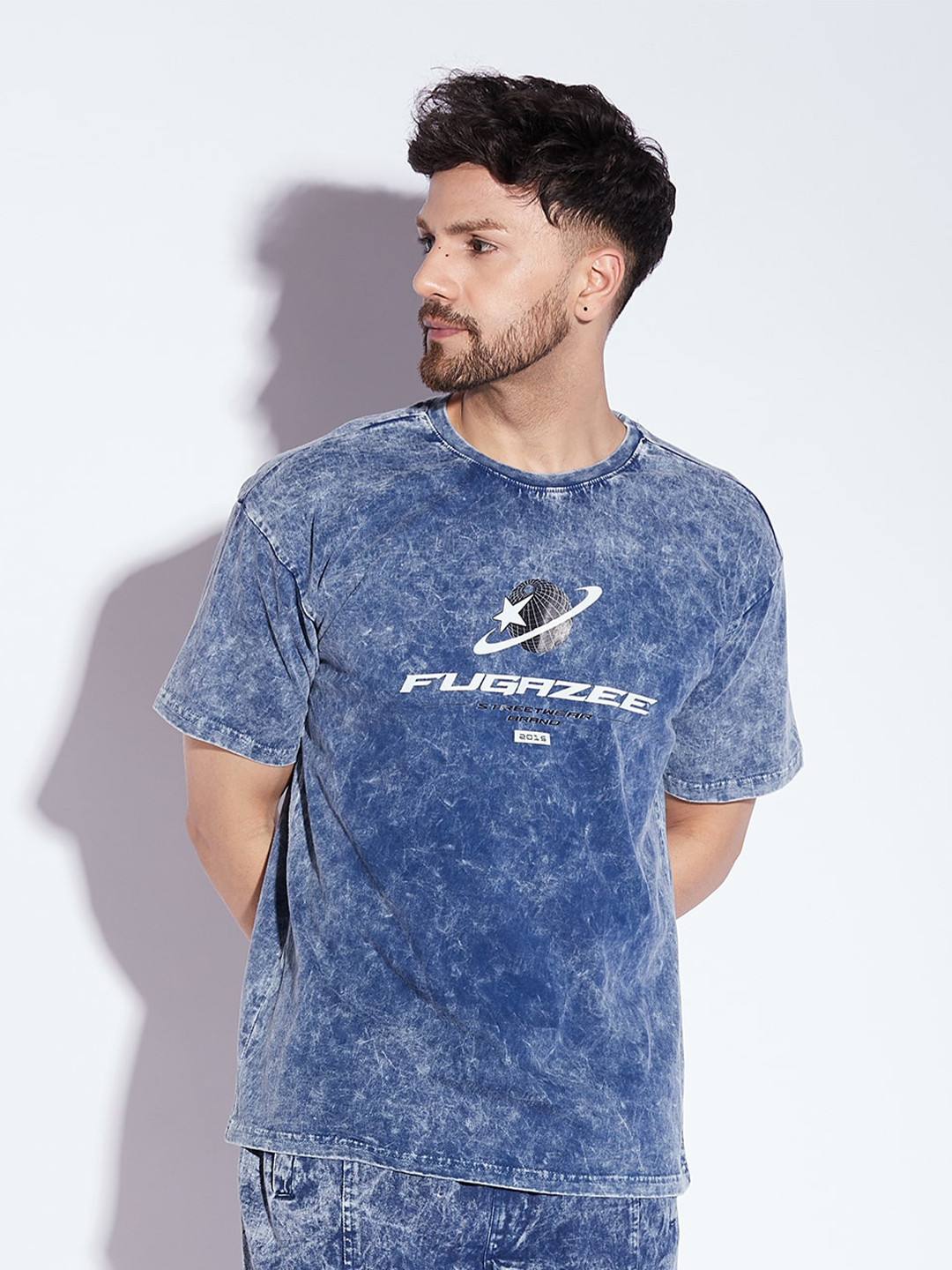 

FUGAZEE Blue Acid Washed Typography Printed Relaxed Fit Oversized Cotton T-shirt