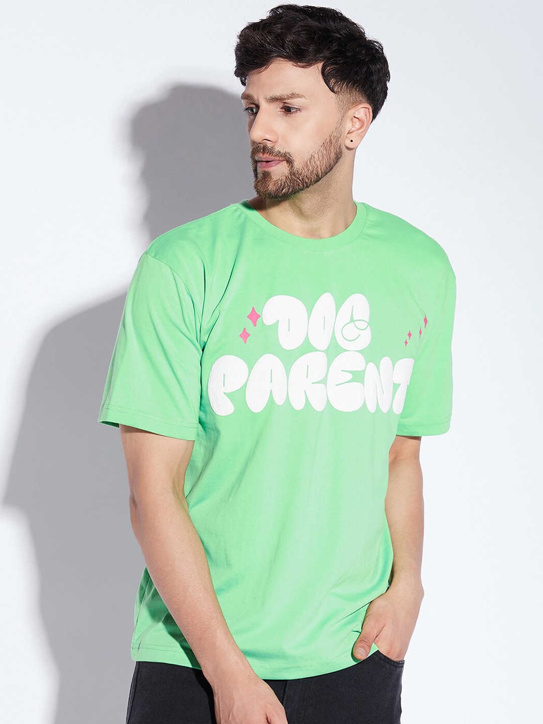 

FUGAZEE Green Dog Parent Printed Relaxed Fit Oversized Cotton T-shirt