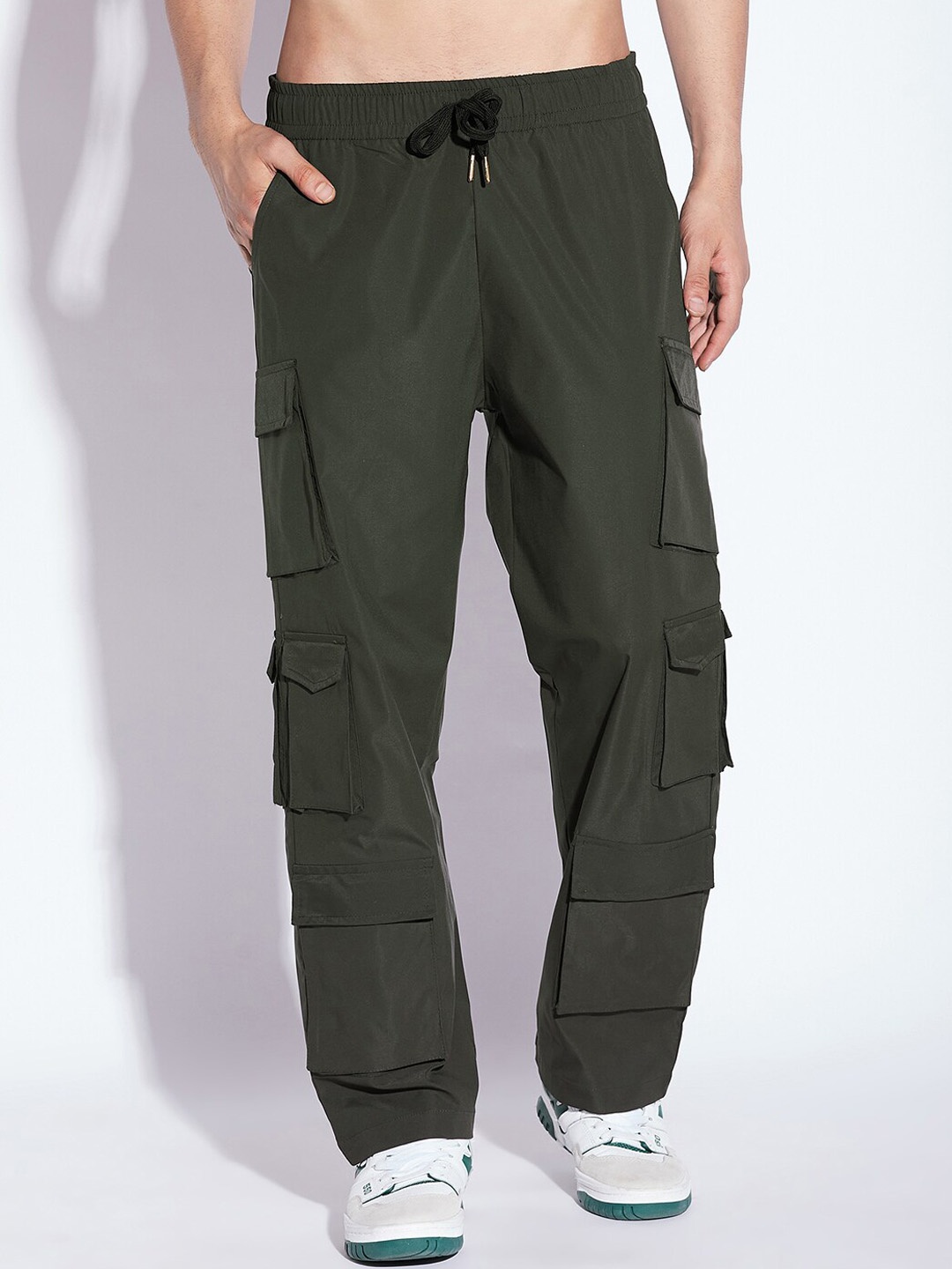 

FUGAZEE Olive Green Relaxed Fit Mid-Rise Cargo Track Pants