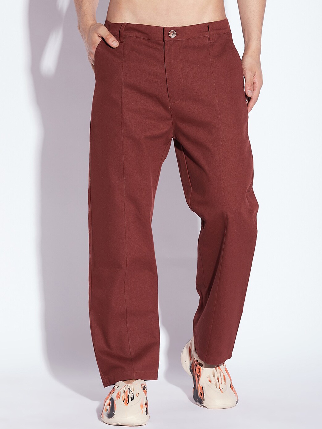 

FUGAZEE Men Maroon Relaxed Mid-Rise Straight Fit Cotton Trousers