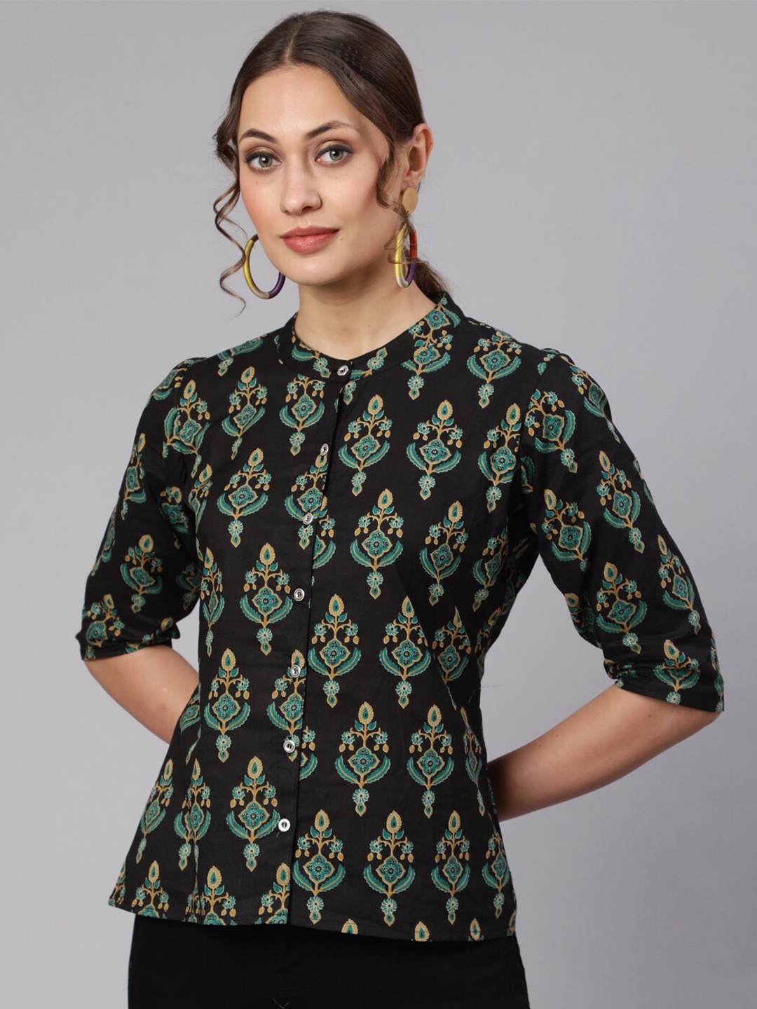 

THE NKS PLUS Ethnic Motif Printed Mandarin Collar Pure Cotton A-Line Top, Black