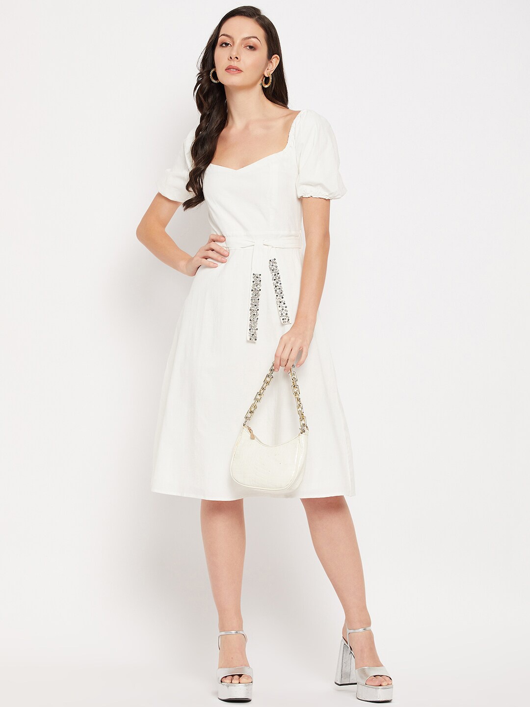 

CAMLA Puff Sleeves Cotton Fit & Flare Dress With Embellished Belt, White