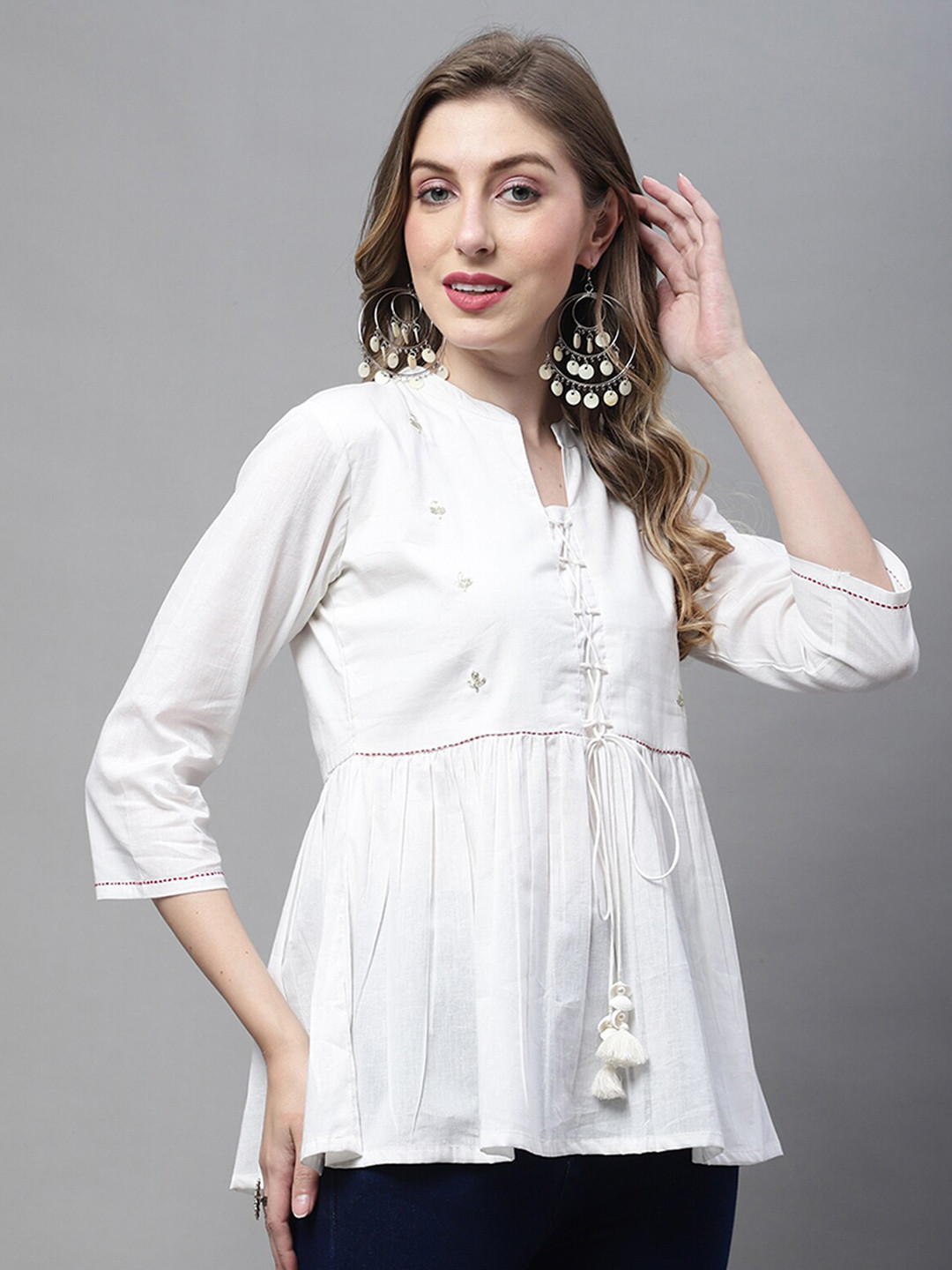 

Roly Poly Mandrain Collar Embroidered Tie-Ups Pure Cotton A-Line Top, Off white