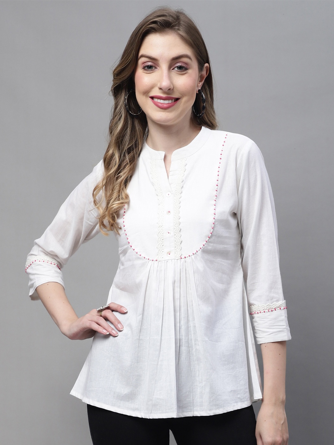 

Roly Poly Mandarin Collar A-Line Lace Up Pure Cotton Top, Off white