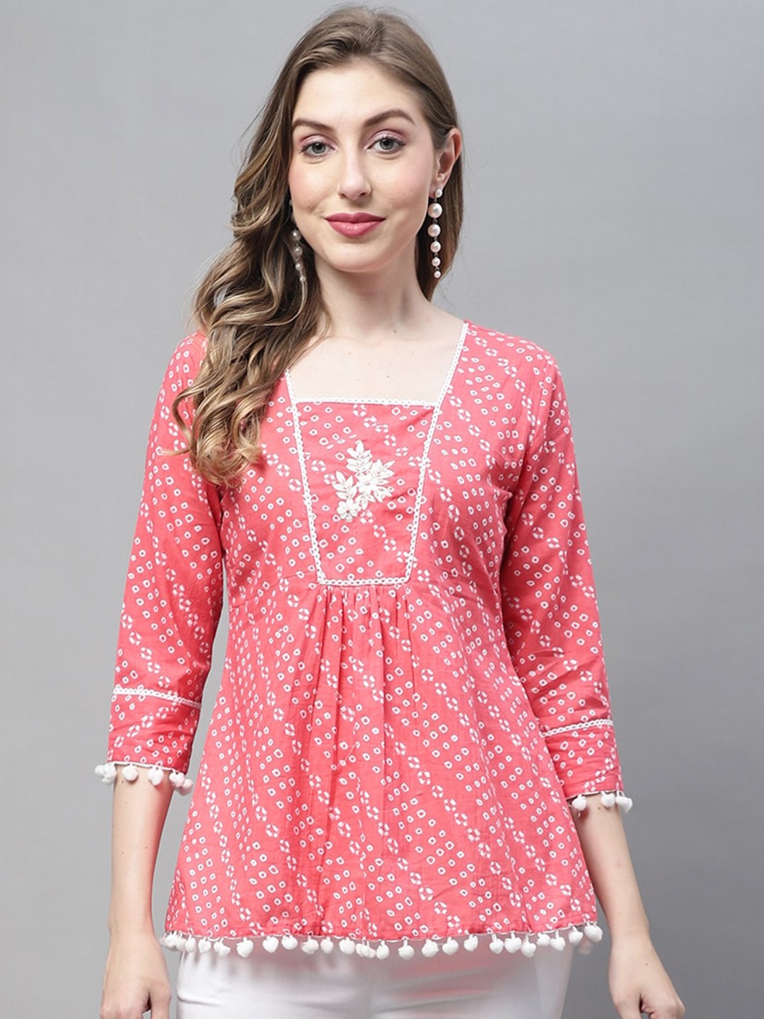 

Roly Poly Geometric printed Pure Cotton Empire Top, Pink