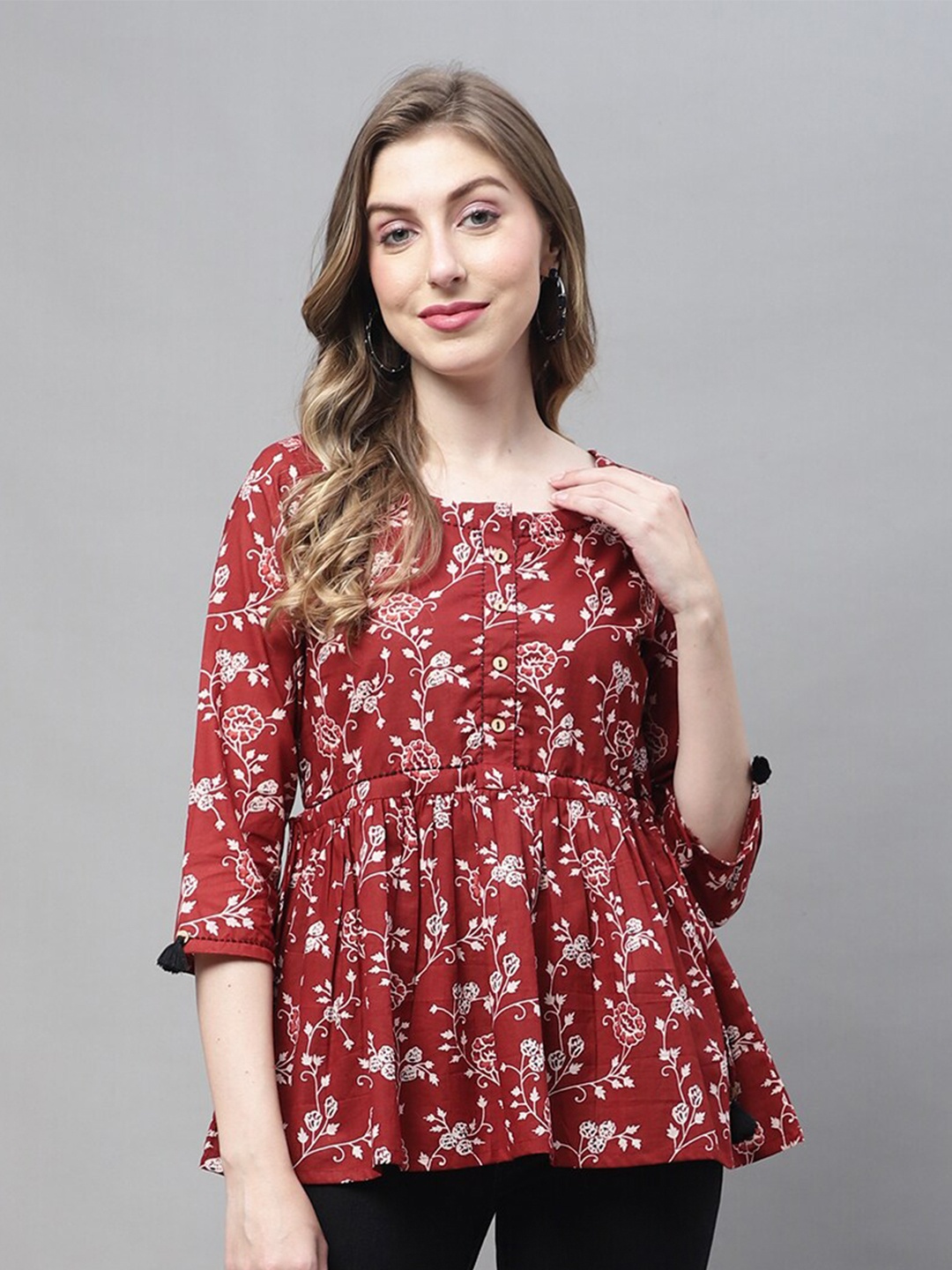 

Roly Poly Floral Printed Waist Tie Ups Pure Cotton Peplum Top, Brown