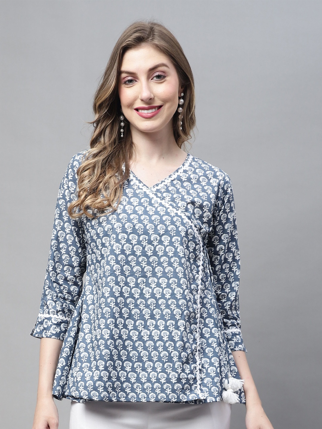 

Roly Poly Floral Printed V-Neck Pure Cotton Tunic, Blue