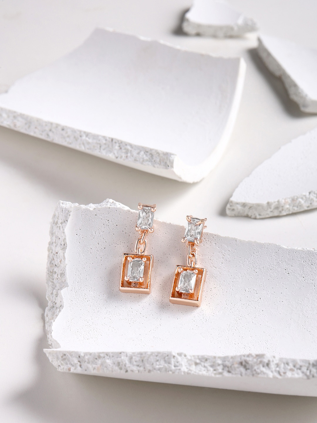 

DressBerry Rose Gold Plated Zircon Stoned Geometric Drop Earrings