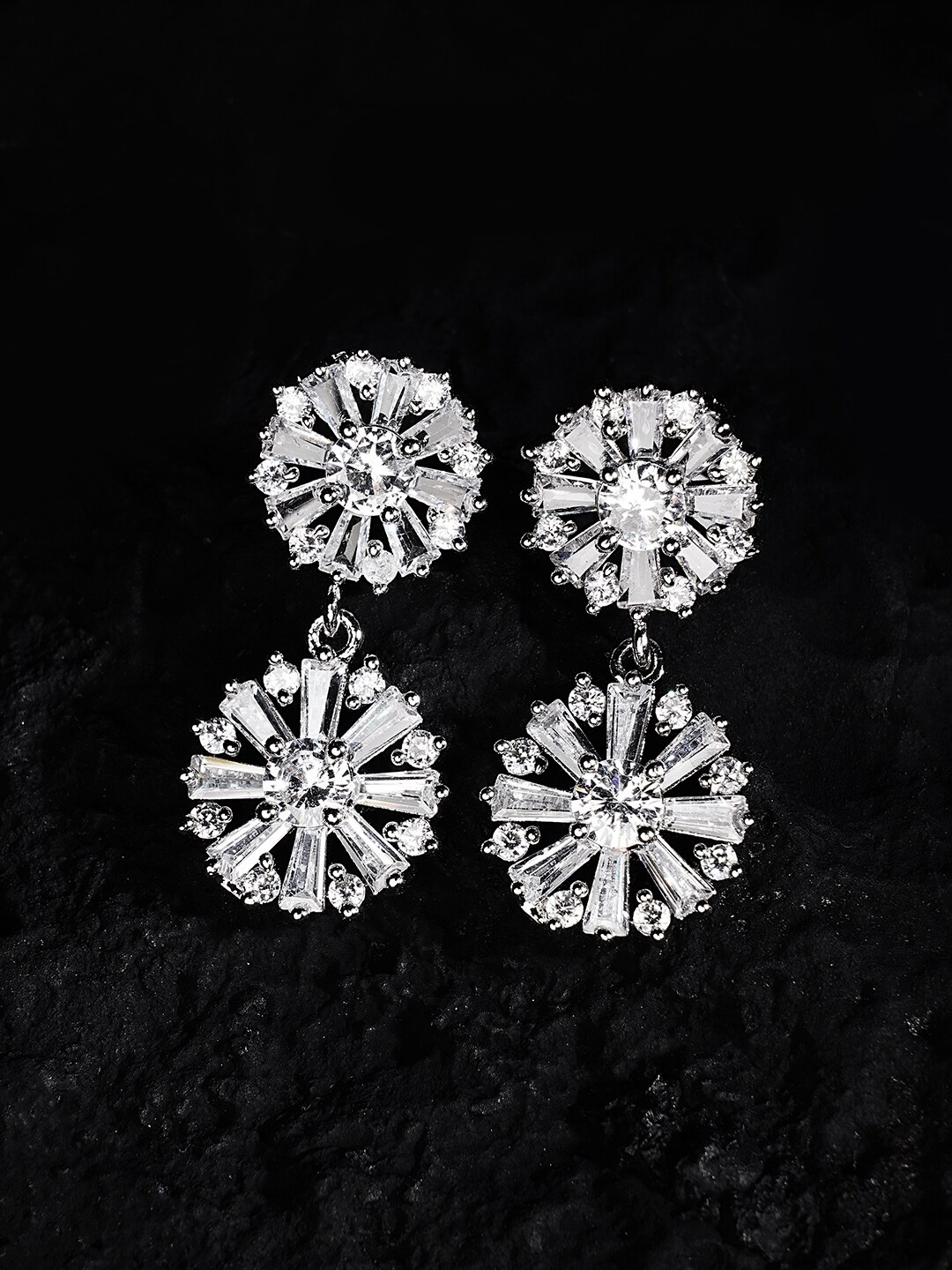 

DressBerry Silver-Plated Zircon Stoned Floral Drop Earrings