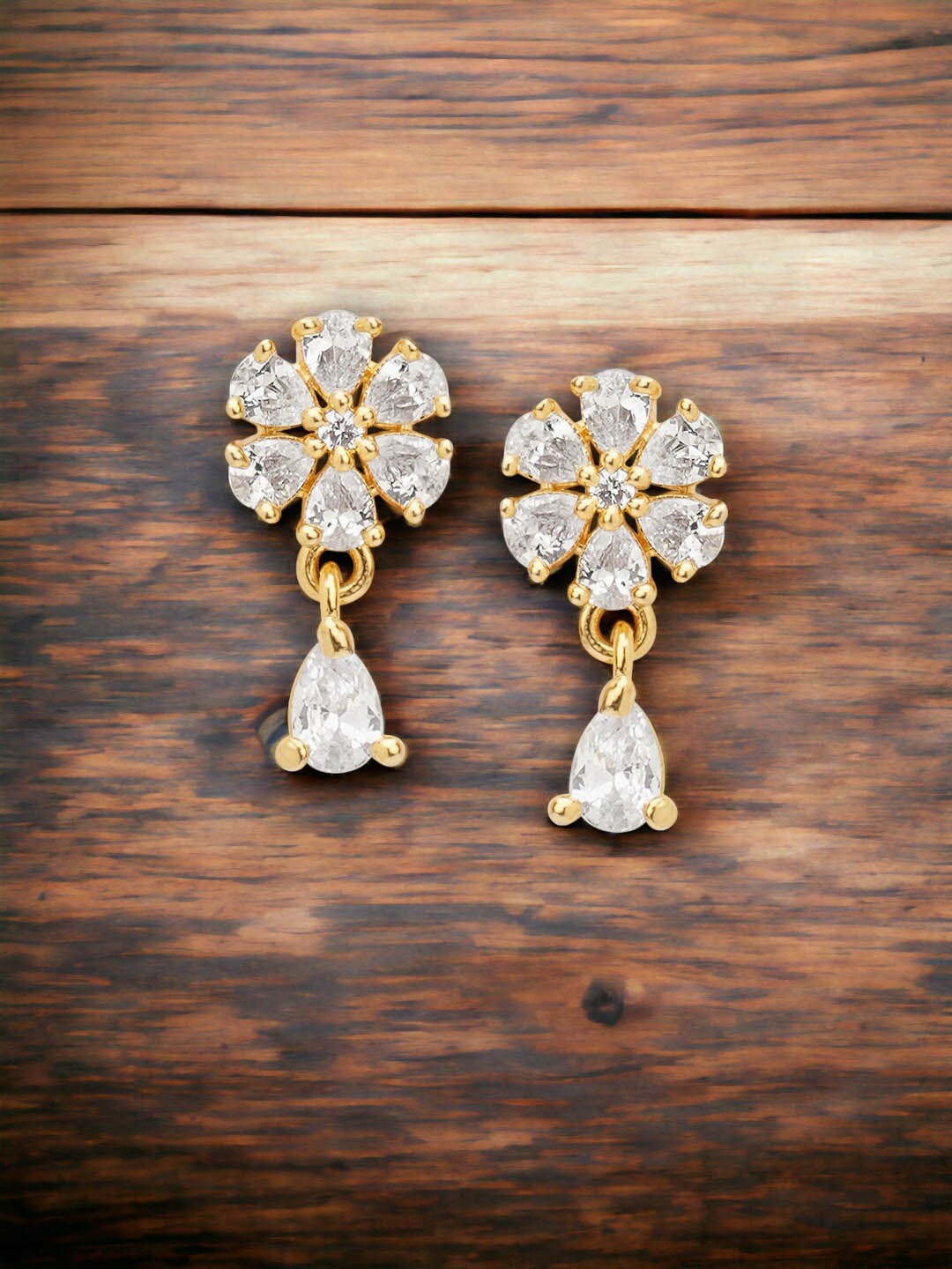 

DressBerry Gold-Plated Zircon Stoned Floral Drop Earrings