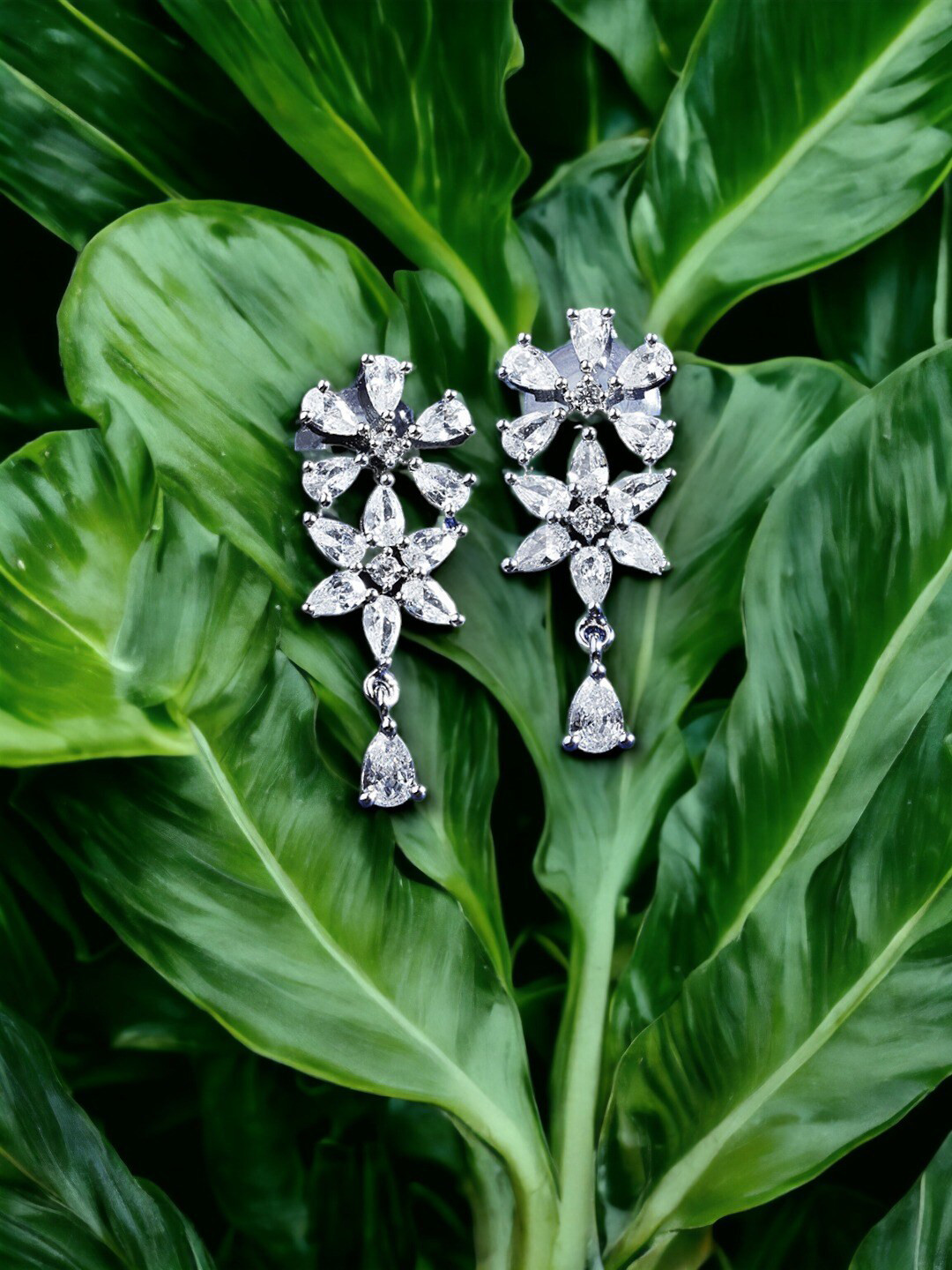 

DressBerry Silver-Plated Zircon Stoned Floral Drop Earrings