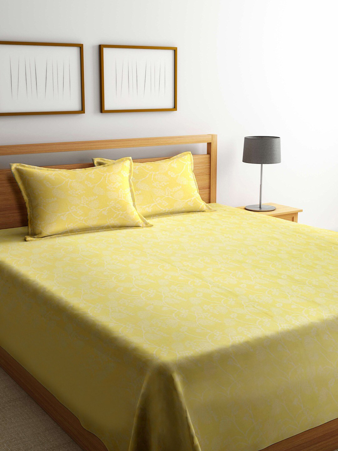 

FABINALIV Yellow & White Floral Print Pure Cotton Double King Bed Cover & 2 Pillow Covers