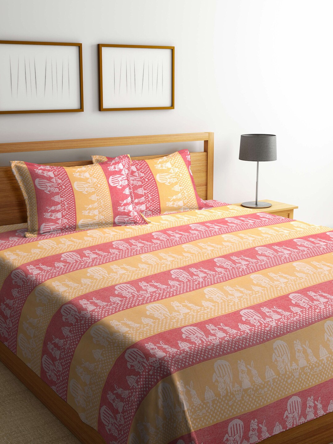 

FABINALIV Red & Yellow Cartoon Design Cotton King Bed Cover with 2 Pillow Covers