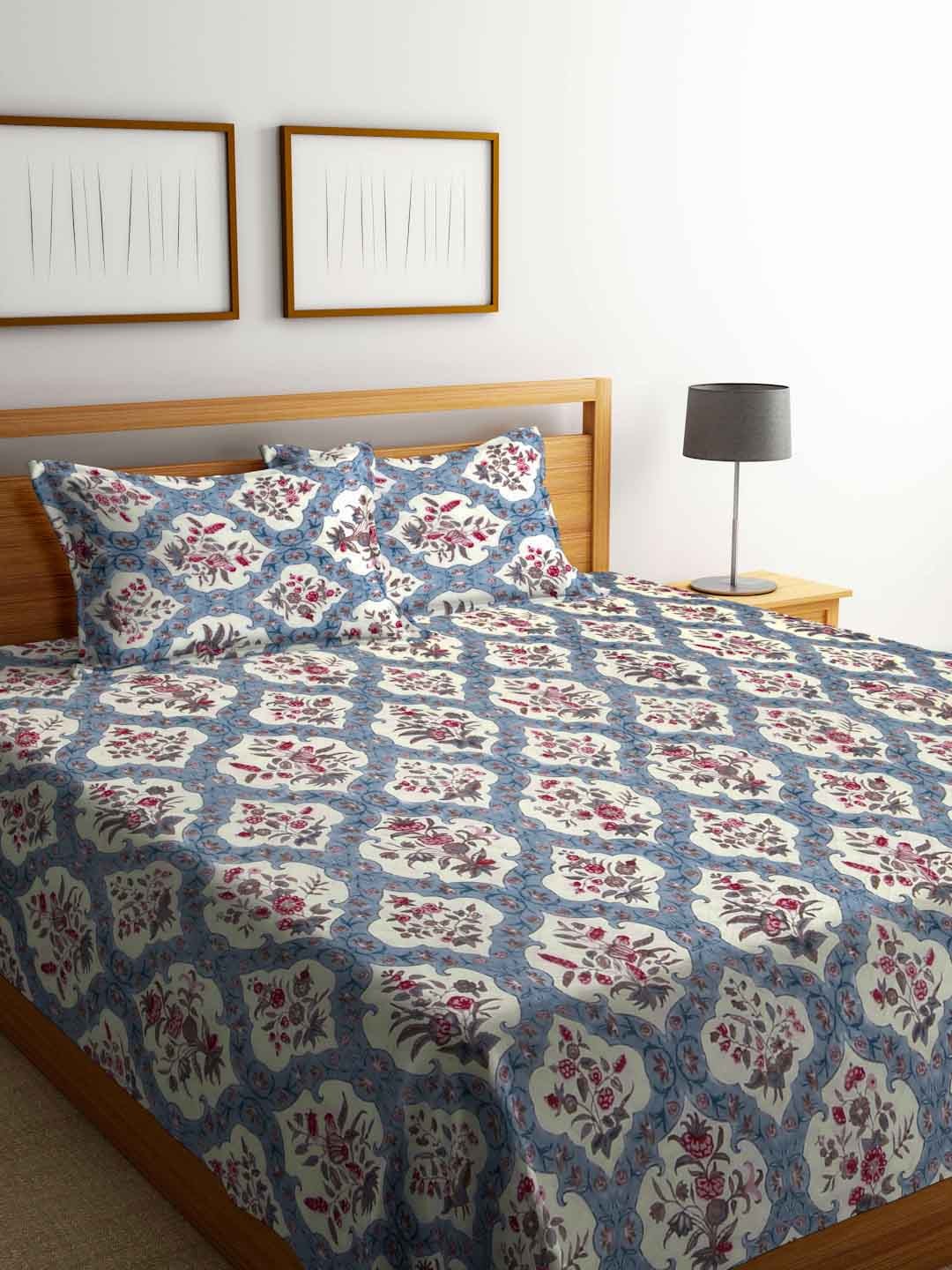 

FABINALIV Blue & White Floral Pure Cotton Double King Bed Cover With 2 Pillow Covers