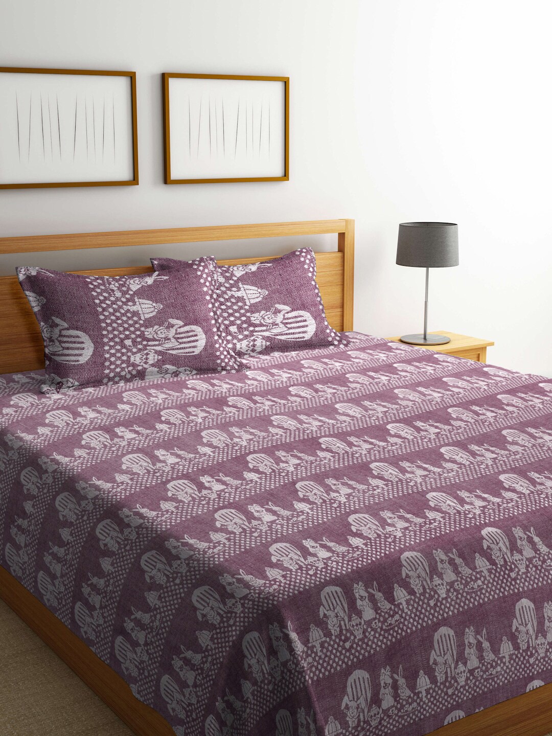 

FABINALIV Purple & White Cartoon Design Cotton Double King Bed Cover With 2 Pillow Covers