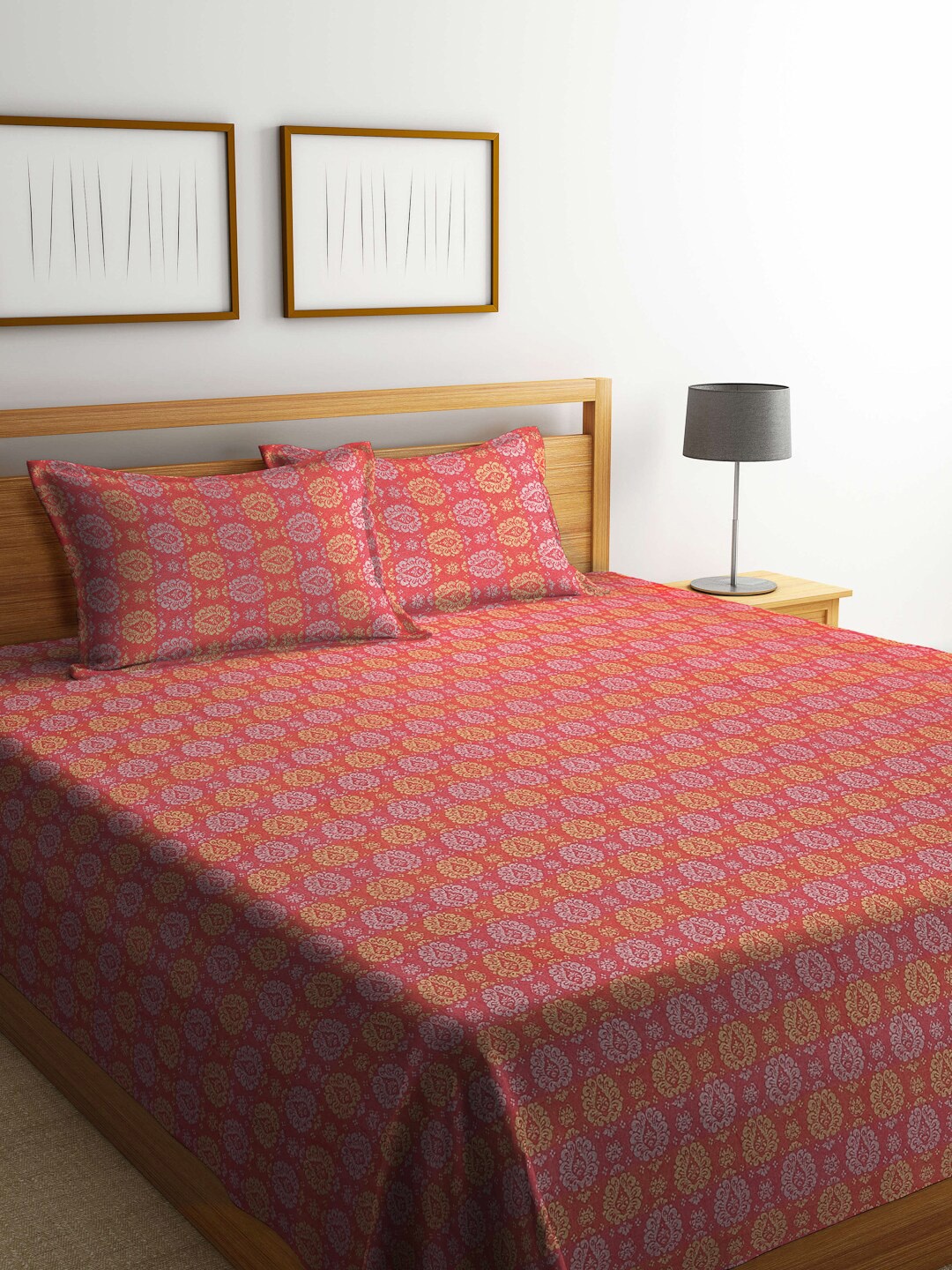 

FABINALIV Red & Yellow Ethnic Motifs Design Cotton King Bed Cover & 2 Pillow Covers