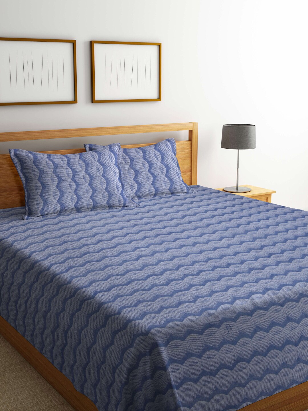

FABINALIV Blue & Grey Chevron Design Cotton King Bed Cover & 2 Pillow Covers