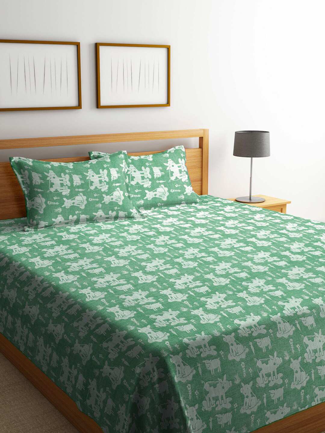 

FABINALIV Green Cartoon Design Pure Cotton Double King Bed Cover With 2 Pillow Covers