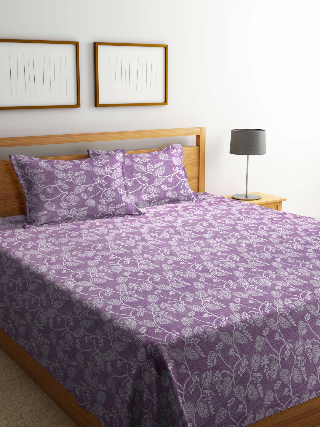 

FABINALIV Purple & White Floral Woven Design Pure Cotton King Bedcover & 2 Pillow Covers