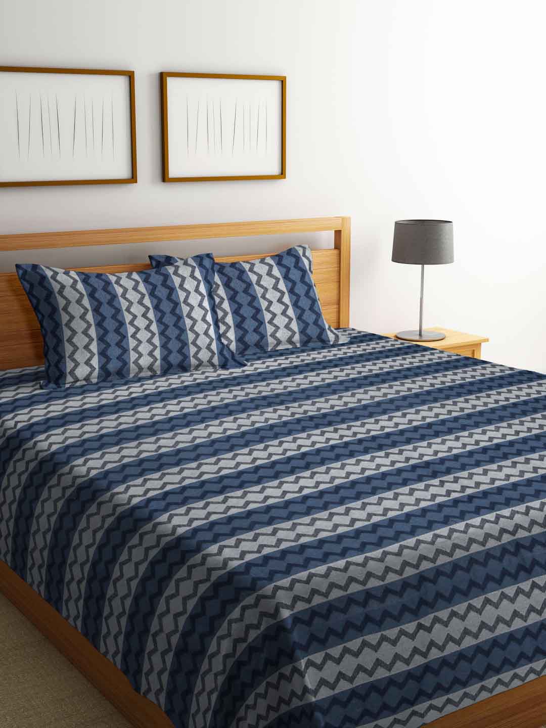

FABINALIV Blue & White Pure Cotton Double King Bed Cover With 2 Pillow Covers
