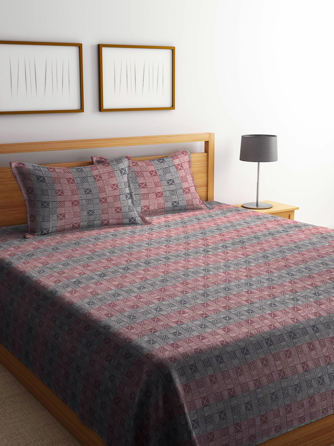 

Fabinaliv Grey & Maroon Geometric Woven Design Pure Cotton King Bedcover & 2 Pillow Covers