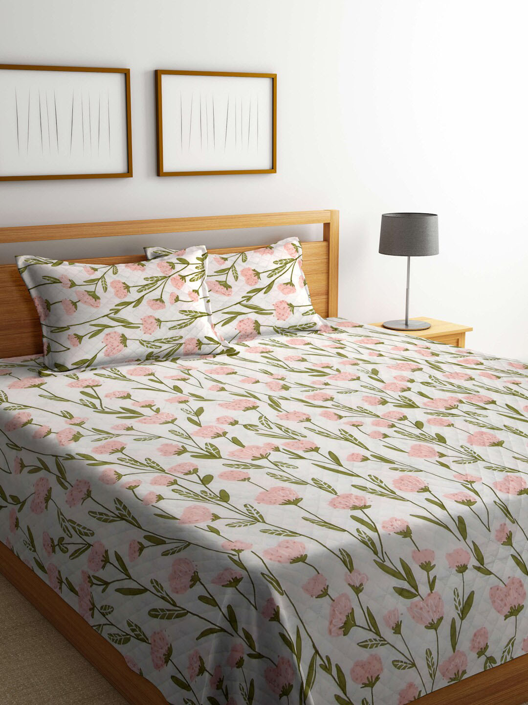 

FABINALIV White & Pink Pure Cotton Double King Bed Cover With 2 Pillow Covers